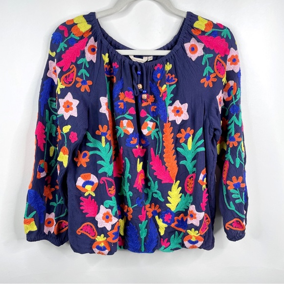 Soft Surroundings Banjara Boho Embroidered Peasant Top Blue Medium - Picture 3 of 11